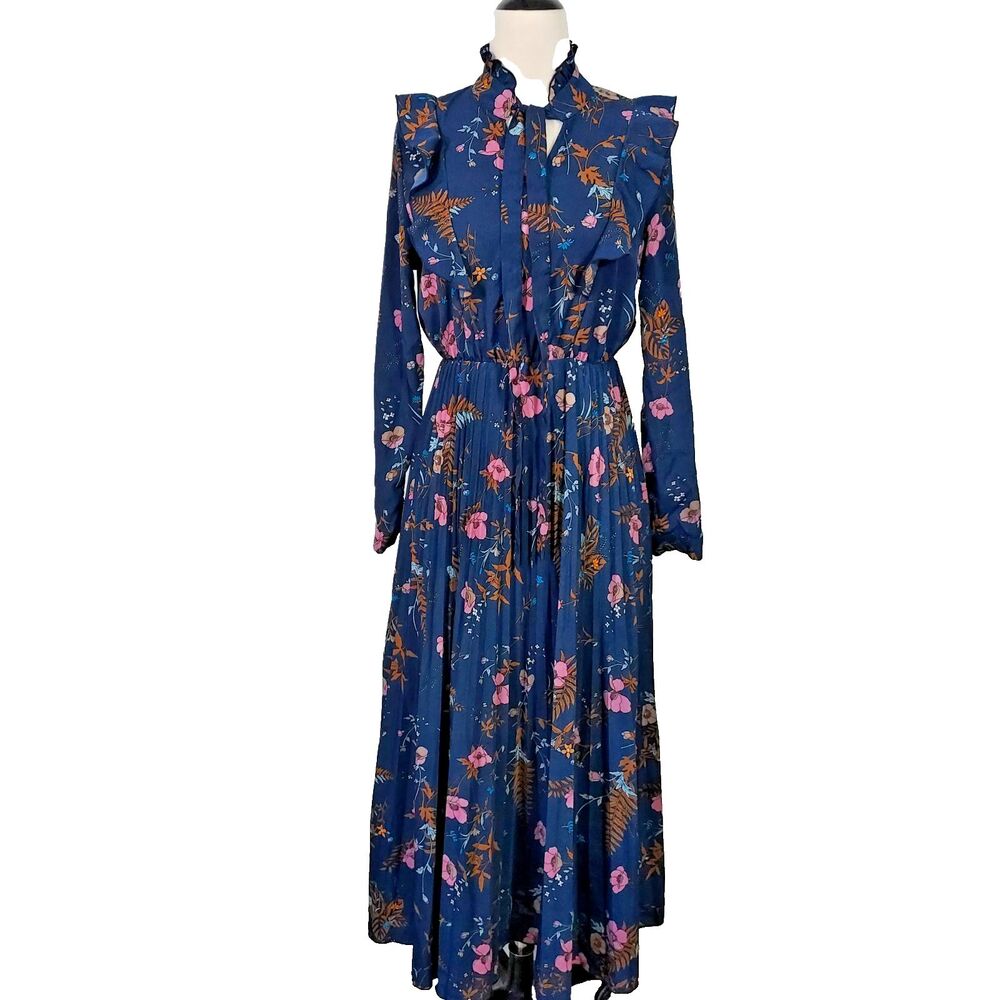 Shein Prairie Cottagecore Long Maxi Dress Size M 6 Blue Floral Pleated Modest